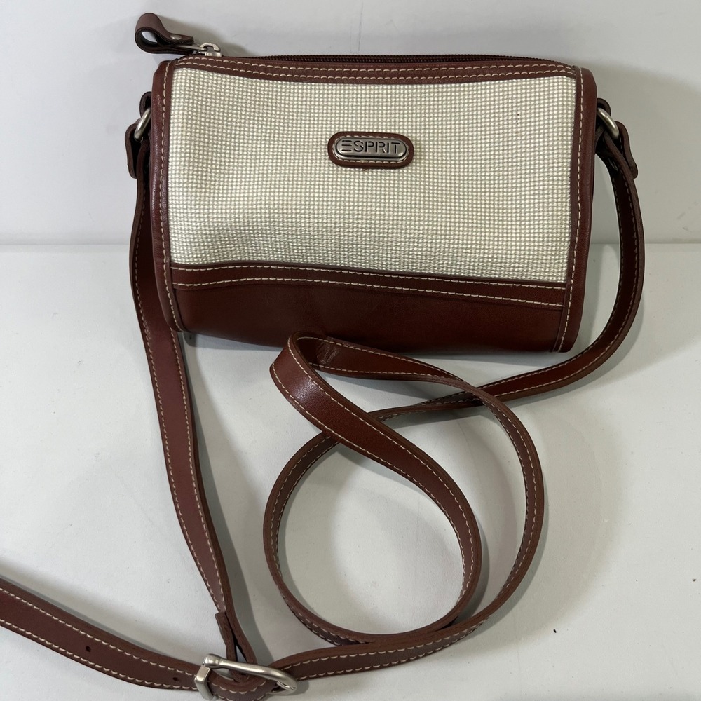 Vtg Esprit Crossbody Bag Small Brown Cream Canvas Leather Trim Boho 90s Y2K